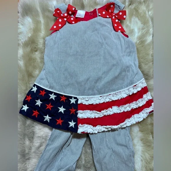 Cre8ions Boutique Toddler Girl Patriotic Striped Tunic Ruffled Pants Set Size 2 - Picture 2 of 3